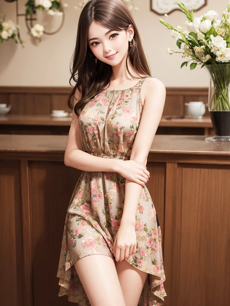 Masterpiece, high quality, A beautiful young woman, She is wearing a short brown dress with a floral pattern, smiling Kindly, slender, perfect face, perfect hands, the background is a bright cafe