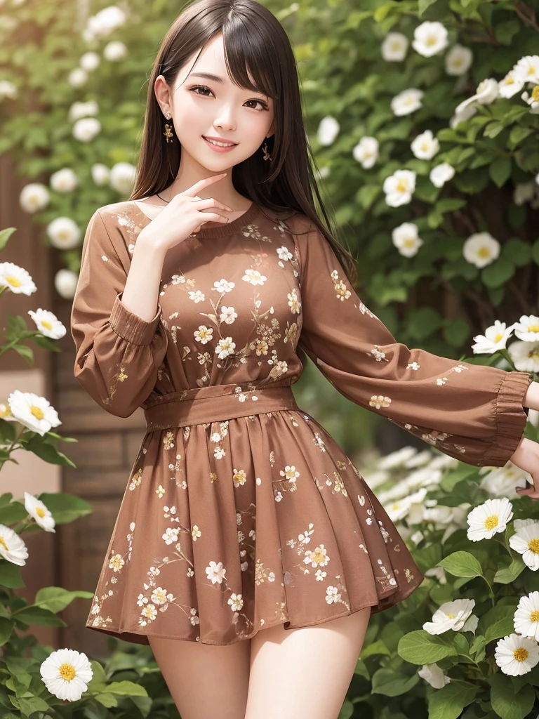 Masterpiece, high quality, A beautiful young woman, She is wearing a short brown dress with a floral pattern, smiling Kindly, slender,  perfect face, perfect hands, the background is a bright cafe