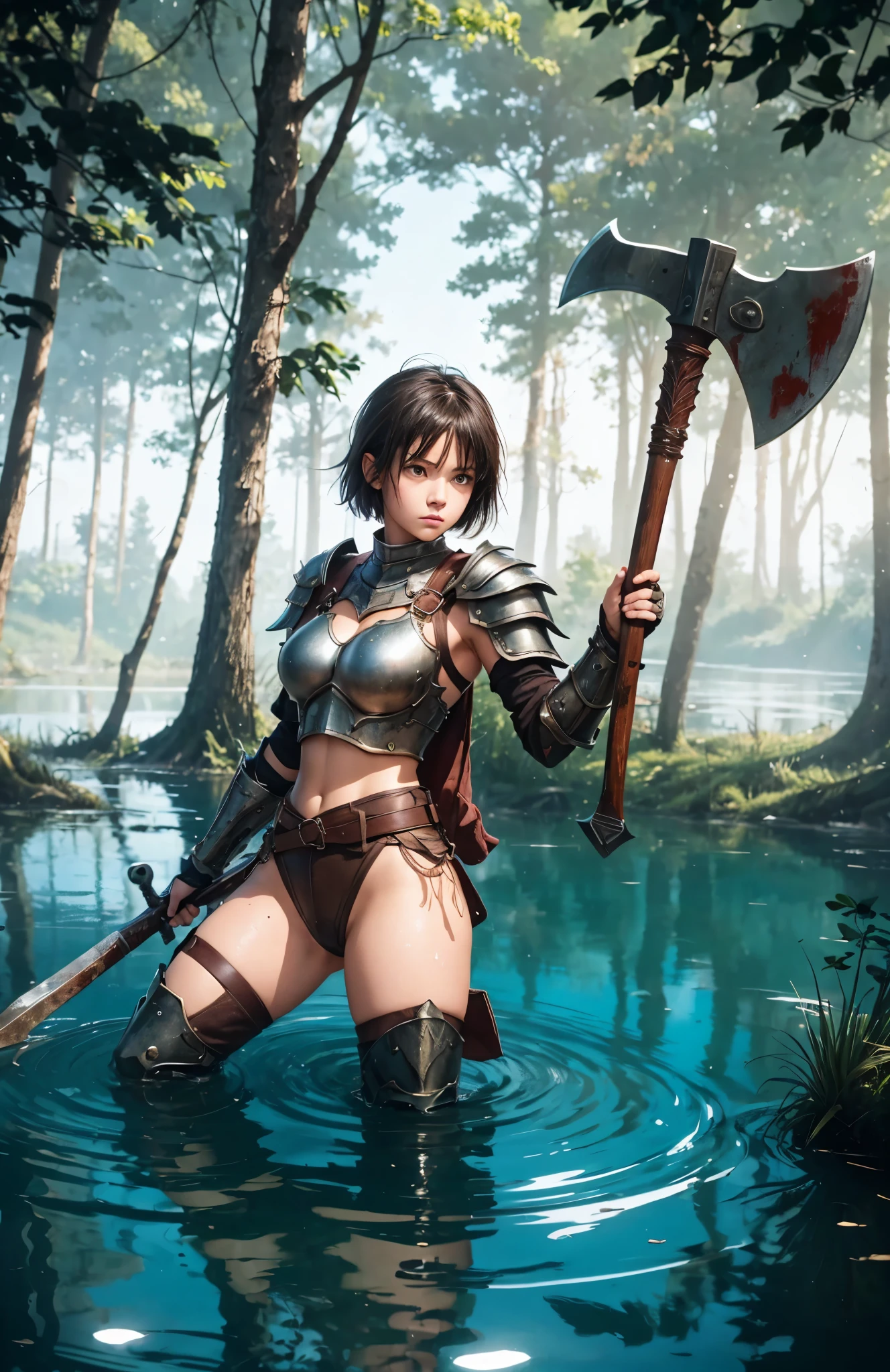 1 girl, warrior holding a large ax, inside a lake, chest armor, litter, shoulder armor, blood spots, background forest, tomboy style short hair, Serious expression on face, athletic body, medium breasts, necklase, long thigh high boots, reflection in the water, wet, (add detail), ( gorgeous face), action medieval fantasy film style image, muscled body, thick-thighs, gazing at viewer