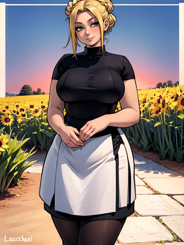 high_aesthetic,art by Lazorchef, ((Masterpiece, best quality, perfect lighting, amazing shading)), perfect anatomy, field of depth, extremely beautiful, blonde hair in a bun, green eyes, black pencil skirt, dress shirt, (black tights), cute smile, (curvy), blushing, (cowboy shot), (elegant pose), simple background