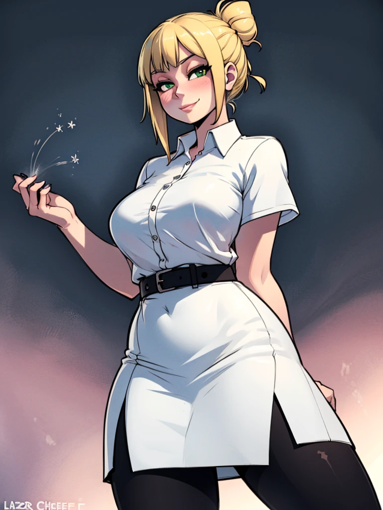 high_aesthetic,art by Lazorchef, ((Masterpiece, best quality, perfect lighting, amazing shading)), perfect anatomy, field of depth, extremely beautiful, blonde hair in a bun, green eyes, black pencil skirt, dress shirt, (black tights), cute smile, (curvy), blushing, (cowboy shot), (elegant pose), simple background