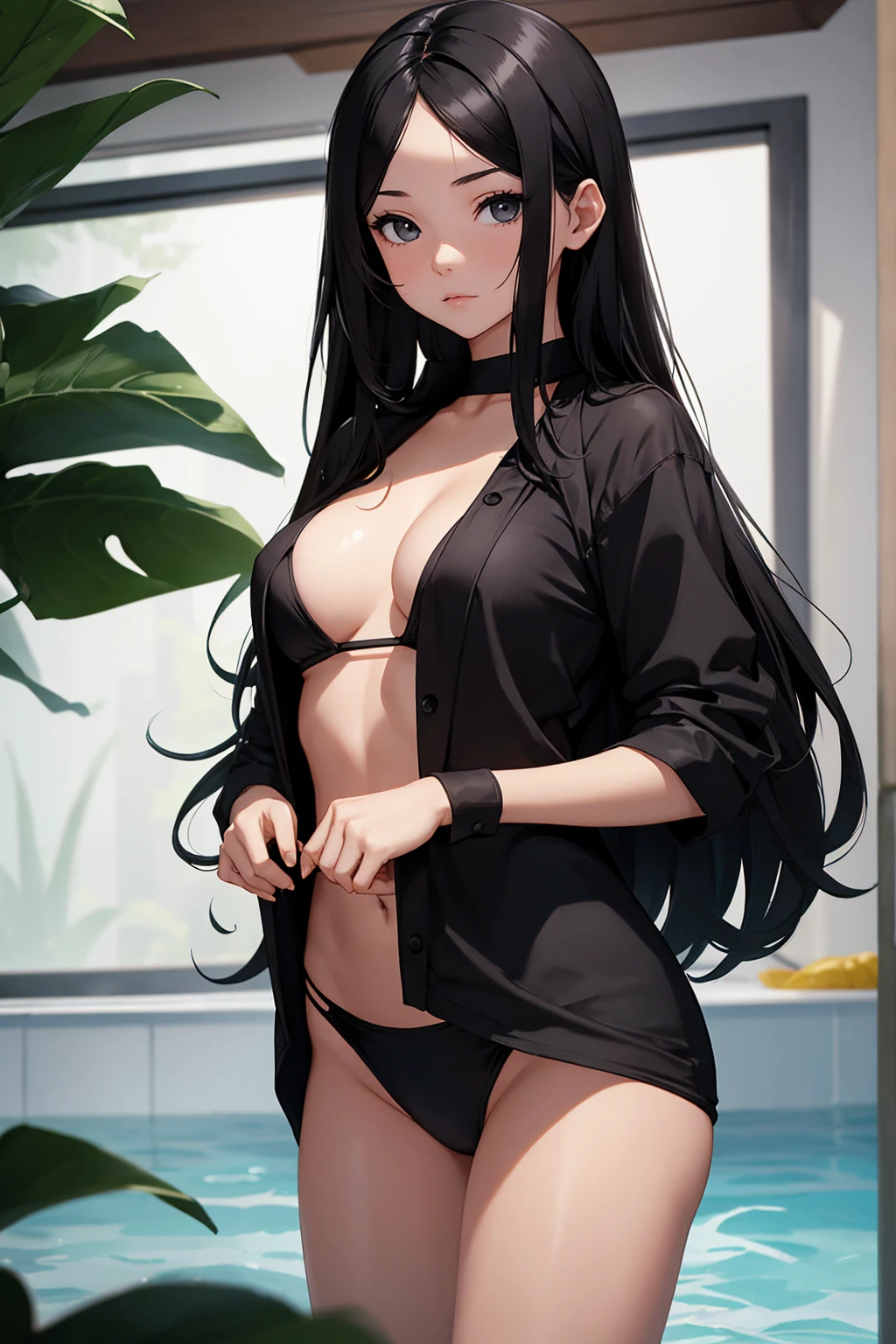 A girl in a black bikini,Long black hair,