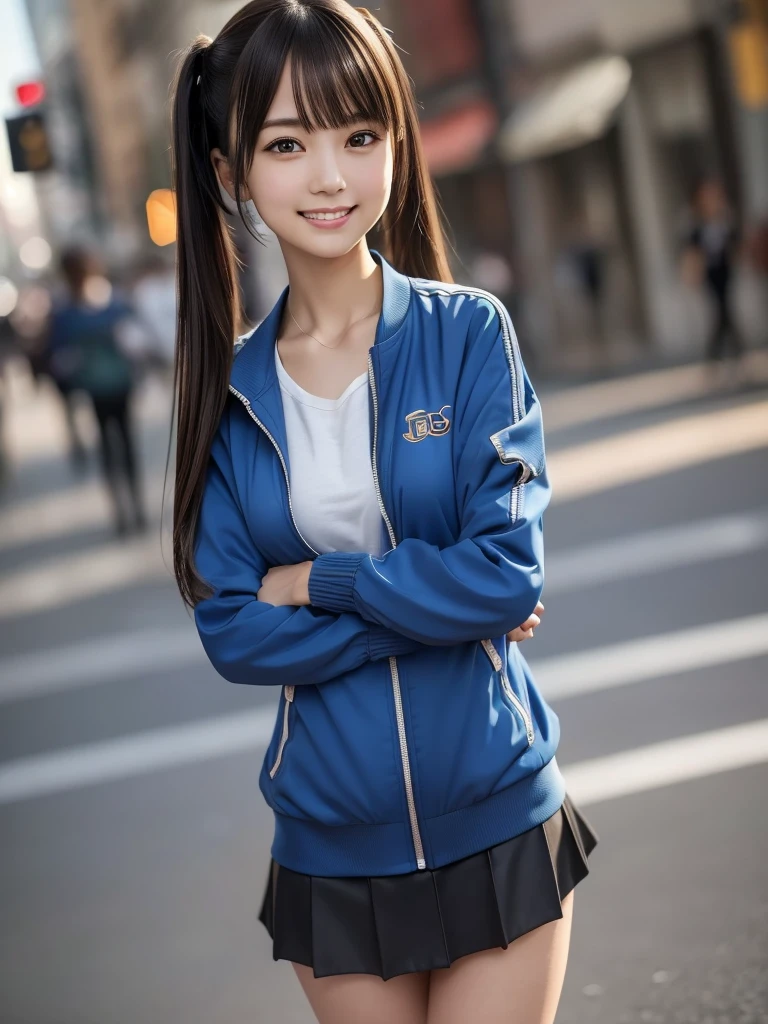 (8K, RAW Photos, Highest quality, masterpiece:1.2), (Realistic, photo-Realistic:1.4), (Highly detailed 8K wallpapers), ((Full Body Shot)), (1 girl), Sharp focus, Depth of written boundary, Cinematic lighting, Soft Light, 緻密な美しさのeye, eye_Chan, Very beautiful girl, innocent big eyes, Realistic, photo Realistic, Highly detailed cute girl, (Thin thighs), (Model Body Type), 18-year-old, ((Blue track jacket)), (Black micro mini tight skirt), (((Fold your arms in front of your chest and act arrogantly))), ((A happy smile)), Parted lips, Watching the audience, (On the streets of New York) , (Brown Hair),(Long bob hair twin tails), (Asymmetrical bangs)