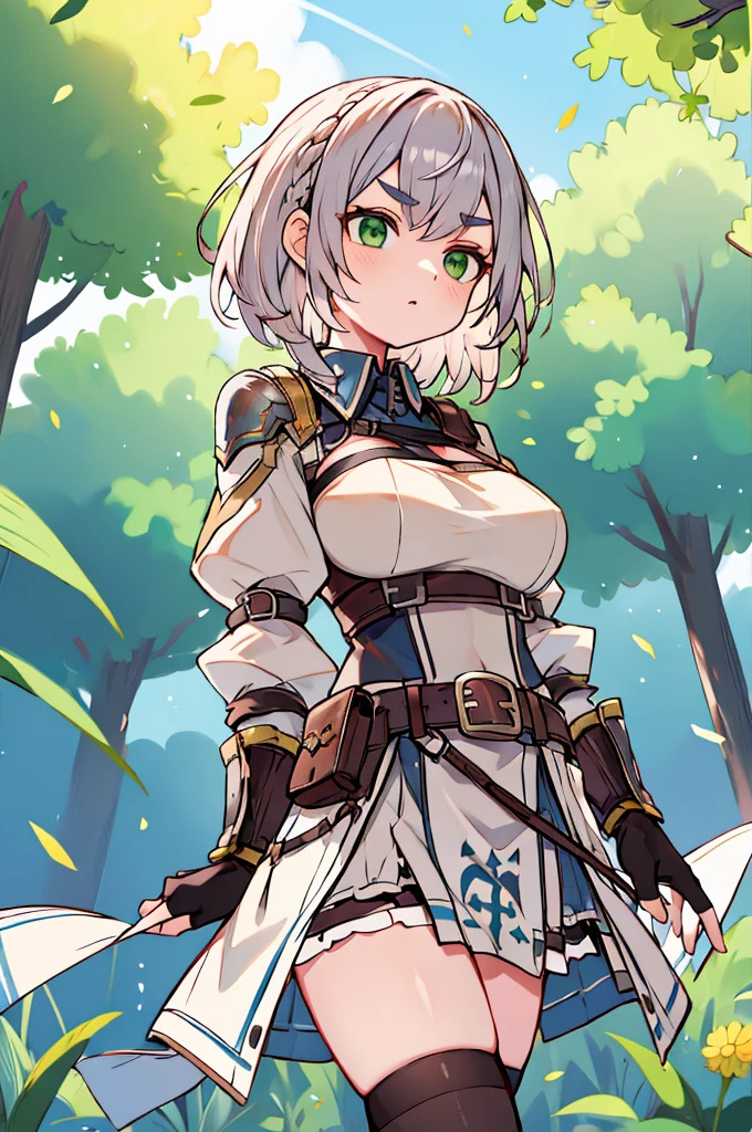 masutepiece, Best Quality, hight resolution, (from below:1.2), Arnoel, Medium Hair, Green eyes, shairband, Blue collar, Shoulder Armor, cleavage, mole in breast, Armored dress, Chest belt, gold trim, Fingerless gloves, Black Gloves, brown belt, Pouch, pelvis curtain, black thighhighs, Outdoors, Cowboy Shot, Standing, Arms at sides, (eye brows up), (roll up eyes:1.3)