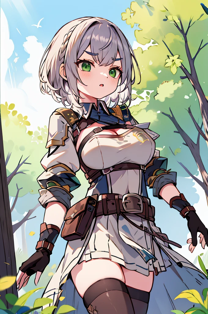 masutepiece, Best Quality, hight resolution, (from below:1.2), Arnoel, Medium Hair, Green eyes, shairband, Blue collar, Shoulder Armor, cleavage, mole in breast, Armored dress, Chest belt, gold trim, Fingerless gloves, Black Gloves, brown belt, Pouch, pelvis curtain, black thighhighs, Outdoors, Cowboy Shot, Standing, Arms at sides, (eye brows up), (roll up eyes:1.3)