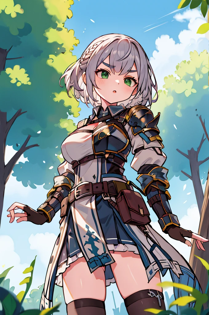 masutepiece, Best Quality, hight resolution, (from below:1.2), Arnoel, Medium Hair, Green eyes, shairband, Blue collar, Shoulder Armor, cleavage, mole in breast, Armored dress, Chest belt, gold trim, Fingerless gloves, Black Gloves, brown belt, Pouch, pelvis curtain, black thighhighs, Outdoors, Cowboy Shot, Standing, Arms at sides, (eye brows up), (roll up eyes:1.3)