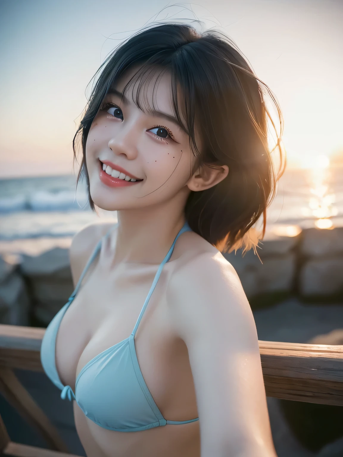 8k, masterpiece, RAW photo, best quality, photorealistic, extremely detailed CG unity 8k wallpaper, Depth of field, Cinematic Light, Lens Flare, Ray tracing, (extremely beautiful face, beautiful lips, beautiful eyes), short hair, intricate detail face, ((ultra detailed skin) 1girl in, Fisheye, Selfie, Wind, hair messy, Sunset, Detailed seascape, (Aesthetics and atmosphere:1.2),Beautiful woman smiling、8K、An ultra-high picture quality、japanes、1 woman around 20 years old、Beautie、kawaii faces、Beautie with well-defined features、Smiling、Showing teeth and smiling. bikini, 36 inch breast size,sexy breast.