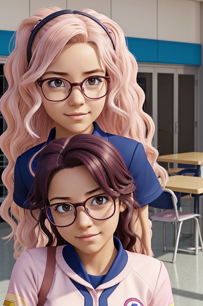 Screenshot of my hero academia, make a girl, with half white skin, eyes the color of honey, medium long curly hair pastel pink color, she wears glasses on her hair, He has the UA uniform, behind it there is a cafeteria