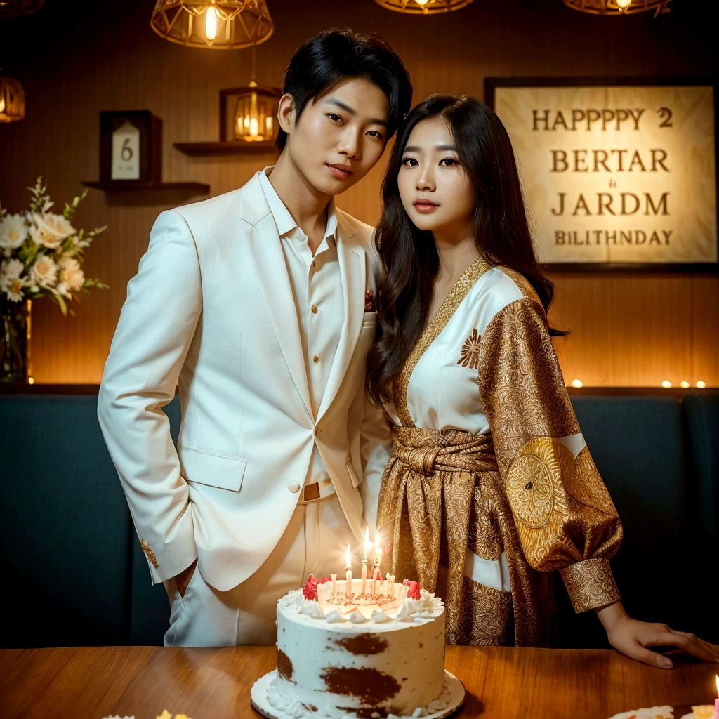 couple photo of an Asian man with wearing a white suit with an Asian girl yellow dress batik with long hair, with an cake happy birthday "26" and logo " Amelia Sekar Arum", amazing photo shoot, very beautiful photo, birthday photo, romantic couple,full body, background logo "Amelia Sekar Arum", high detail, uhd