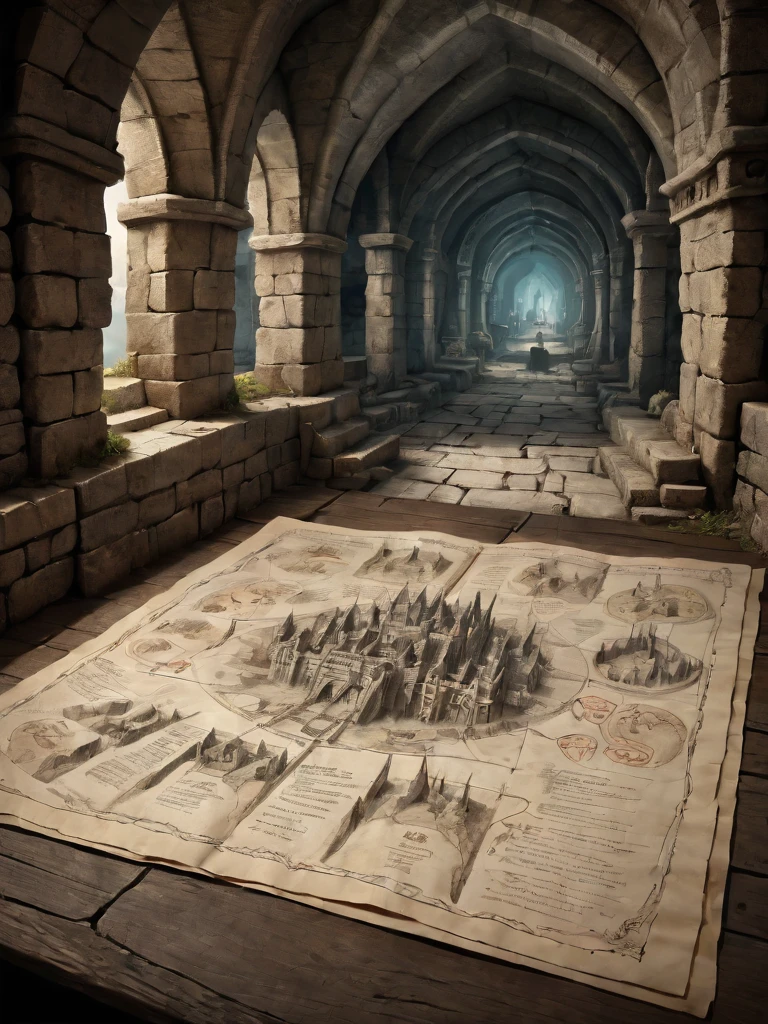 first person perspective looking at a diagram of a fantasy dungeon, traditional media, fantasy parchment, held, hands, anime screengrab, csu, cross-section, from the side, underground, burrow, fantasy landscape, national geographic, best quality, masterpiece,
