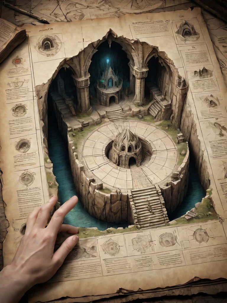 first person perspective looking at a diagram of a fantasy dungeon, traditional media, fantasy parchment, held, hands, anime screengrab, csu, cross-section, from the side, underground, burrow, fantasy landscape, national geographic, best quality, masterpiece,