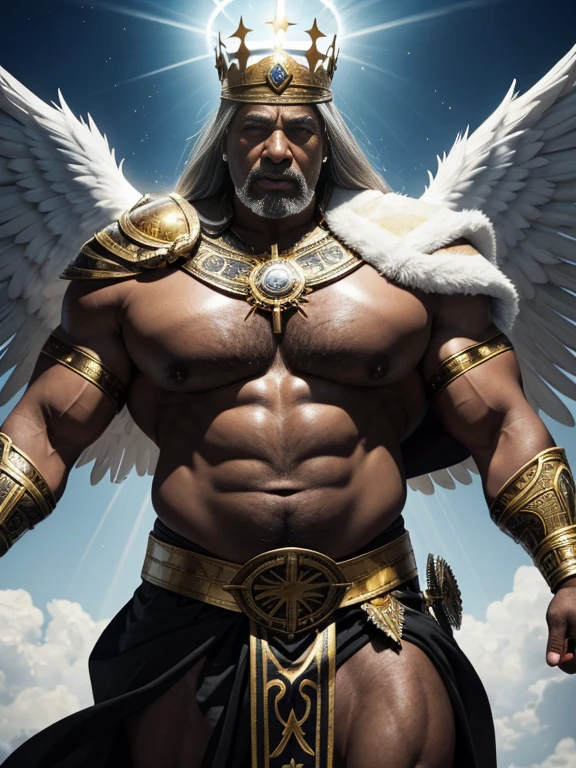Hyperrealistic image of an elderly holy martyr warrior over 79 years old African American superhero angel with rays of light coming out of his body with two black wings spread with gray hair and a crown of thorns and a halo of light with rays of light on his super head heavy and very fat and very handsome bodybuilder with huge flabby pecs and very sweaty big pointy nipples in a sky of very white clouds dressed only in a leather and gold Roman skirt and a cape.