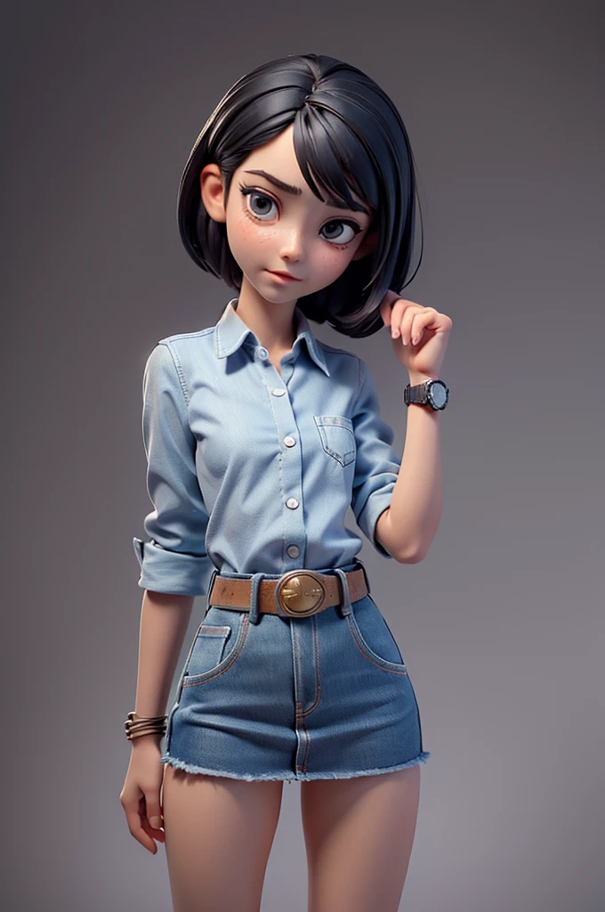 (((((alone))))),(((((masterpiece))))), (((((Best Quality))))),(((((Very detailed))))), finely, Depth of written boundary, Sharp details, Detailed clothing, High resolution,One girl,Beautiful detailed face:), ,(((Slim Body))),(((Small Ass))),(((Denim mini skirt))),(((Wear a belt))),(Wearing a tight short-sleeved collared shirt))),(((Wearing a watch))),(((Sandals))),(((Cowboy Shot))),(((I am going to cry))),(((Monotone background)))