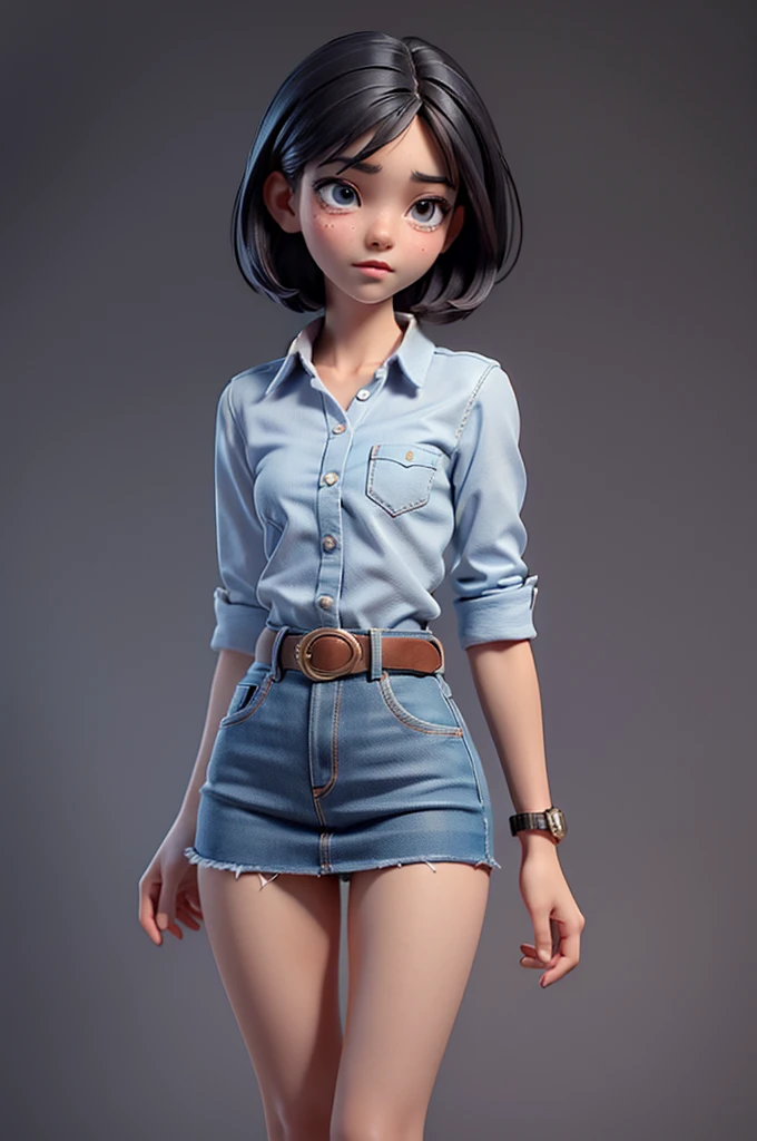 (((((alone))))),(((((masterpiece))))), (((((Best Quality))))),(((((Very detailed))))), finely, Depth of written boundary, Sharp details, Detailed clothing, High resolution,One girl,Beautiful detailed face:), ,(((Slim Body))),(((Small Ass))),(((Denim mini skirt))),(((Wear a belt))),(Wearing a tight short-sleeved collared shirt))),(((Wearing a watch))),(((Sandals))),(((Cowboy Shot))),(((I am going to cry))),(((Monotone background)))