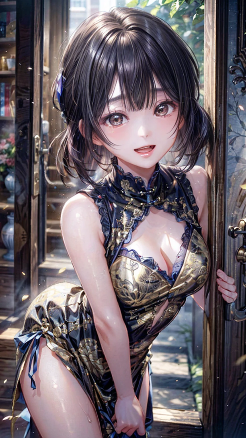 A calm old building、A beautiful girl with a very pretty face、High quality images with emphasis on big breasts、(Small face)、when she leans forward、Her large breasts are fully visible right up to her chest.。.、Cute Yellow Sleeveless Dress、No makeup、Sexy lips that reveal sexual desire、