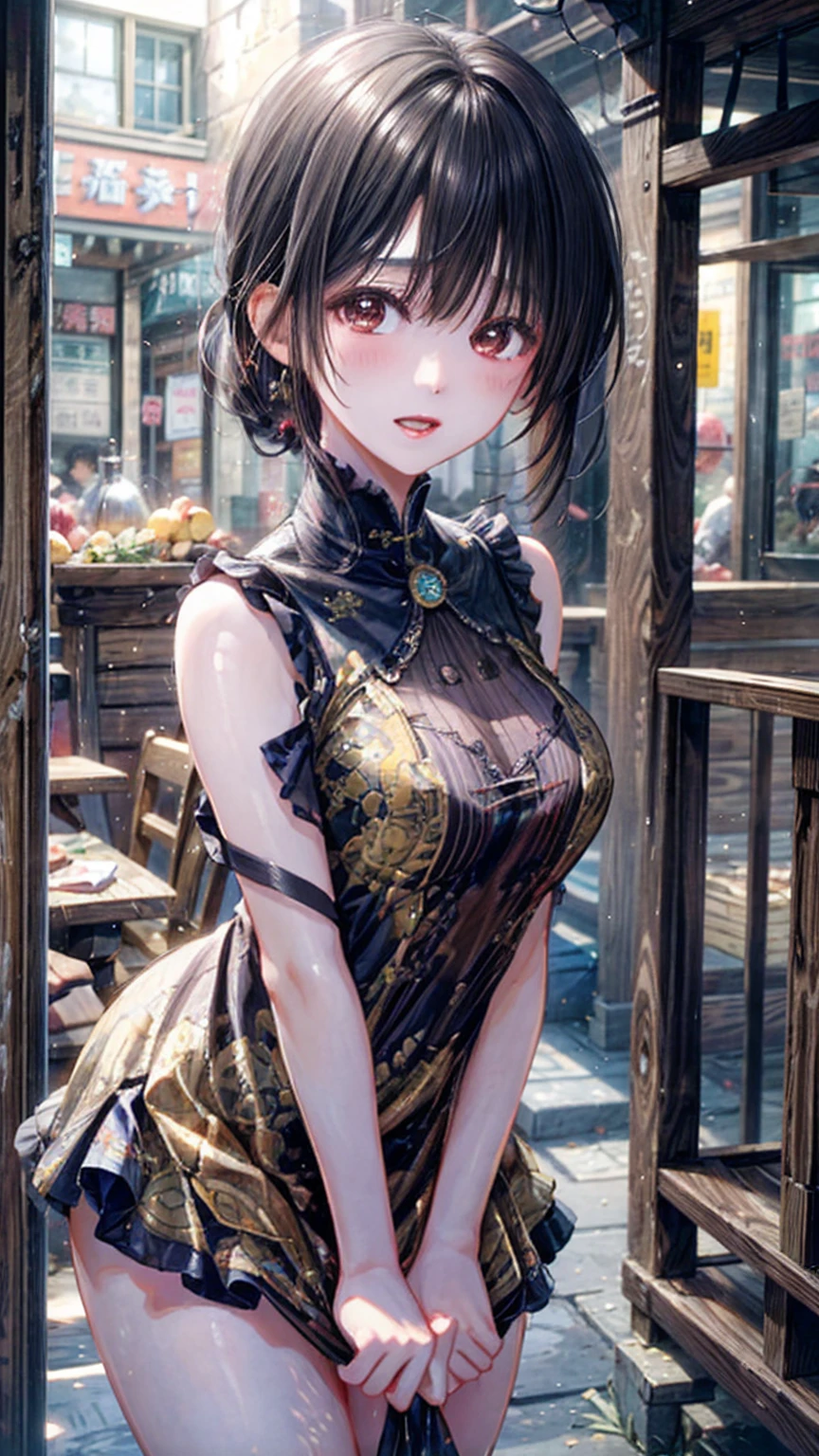 A calm old building、A beautiful girl with a very pretty face、High quality images with emphasis on big breasts、(Small face)、when she leans forward、Her large breasts are fully visible right up to her chest.。.、Cute Yellow Sleeveless Dress、No makeup、Sexy lips that reveal sexual desire、
