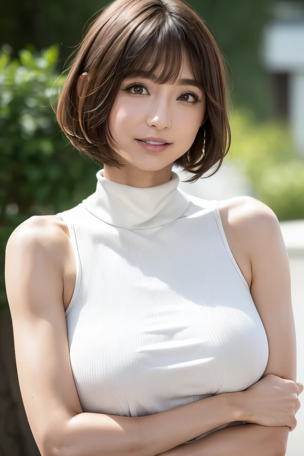 (highest quality, Tabletop, Anatomically correct, Super detailed, 8k))), ((Photorealistic, Canon, debt/1.2, 135mm, (((Burstingly Big Breasts))),Light on the face:1.5,Japanese Gravure, Pretty woman with short hair that falls over her ears)), ,((Tight abdomen))、Beautiful double eyelids, Beautiful, shining lips, Well-proportioned, feminine and attractive body, (Virgin Killer white Sweater:1.3),((Grey Turtleneck Sleeveless Dress、Tank tops that expose the chest from the side,debt cup bust peeking out from wide open cuffs)), Light brown hair, (First Person View, date, On the street、Laughter), Show your armpits, Sexy armpits、debtull open armpits