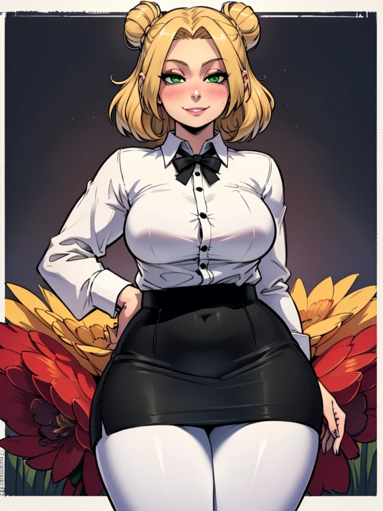 high_aesthetic,art by Lazorchef, ((Masterpiece, best quality, perfect lighting, amazing shading)), perfect anatomy, field of depth, extremely beautiful, blonde hair in a bun, green eyes, black pencil skirt, dress shirt, pantyhose, cute smile, (curvy), blushing, (cowboy shot), (elegant pose), simple background