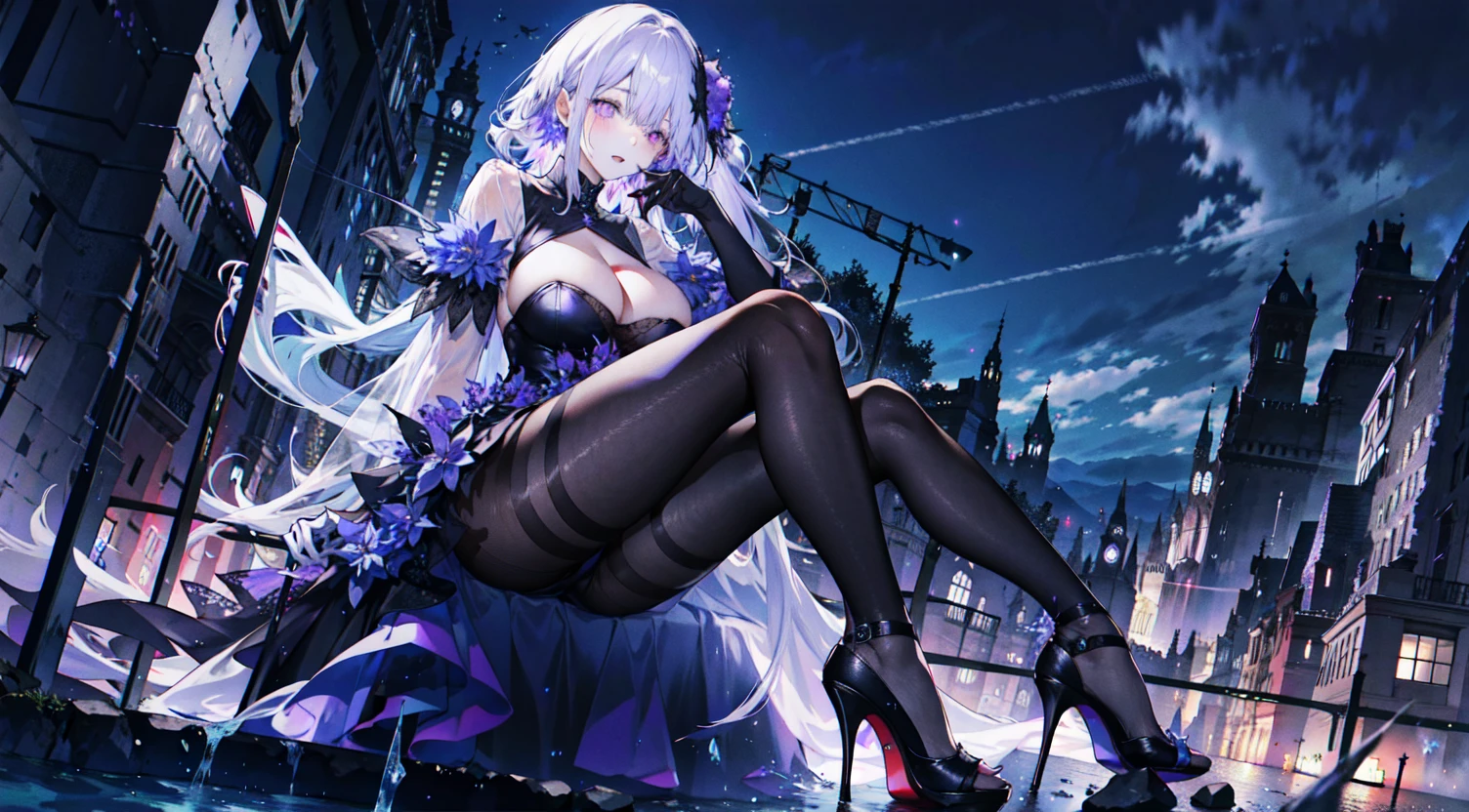 （（masterpiece：1.4，best quality）），（Super detailed），（Extremely detailed eyes），（Shiny socks：1.5），Hello Darkness
（Cute girls），，（Blood-red pupils，Diamond-shaped pupil：1.15），Purple Eyeshadow，（elongated hair，Thick hair，Single ponytail，shiny hair：1.5）（Changes through：1.2），despair，sad，Empty eyes，tears streaming down my face，tilting its head to the side，
（She wore a blue dress，：1.5），（Black gloves：1.4）Very long plush sleeves，White，White Cloud，Dream bubbles ，Ice and glitter effects
（Black long skirt：1.1），
（（Starry Sky：1.2）），
（Intense black and white：1.16），（Depth of Field：1.4），，Intricate details，(((Detailed background，Castle in the Sky，Purple flowers by the lake)))，(((Huge breasts，Bare breasts，Deep cleavage，White stiletto high heels，Transparent clothes)))