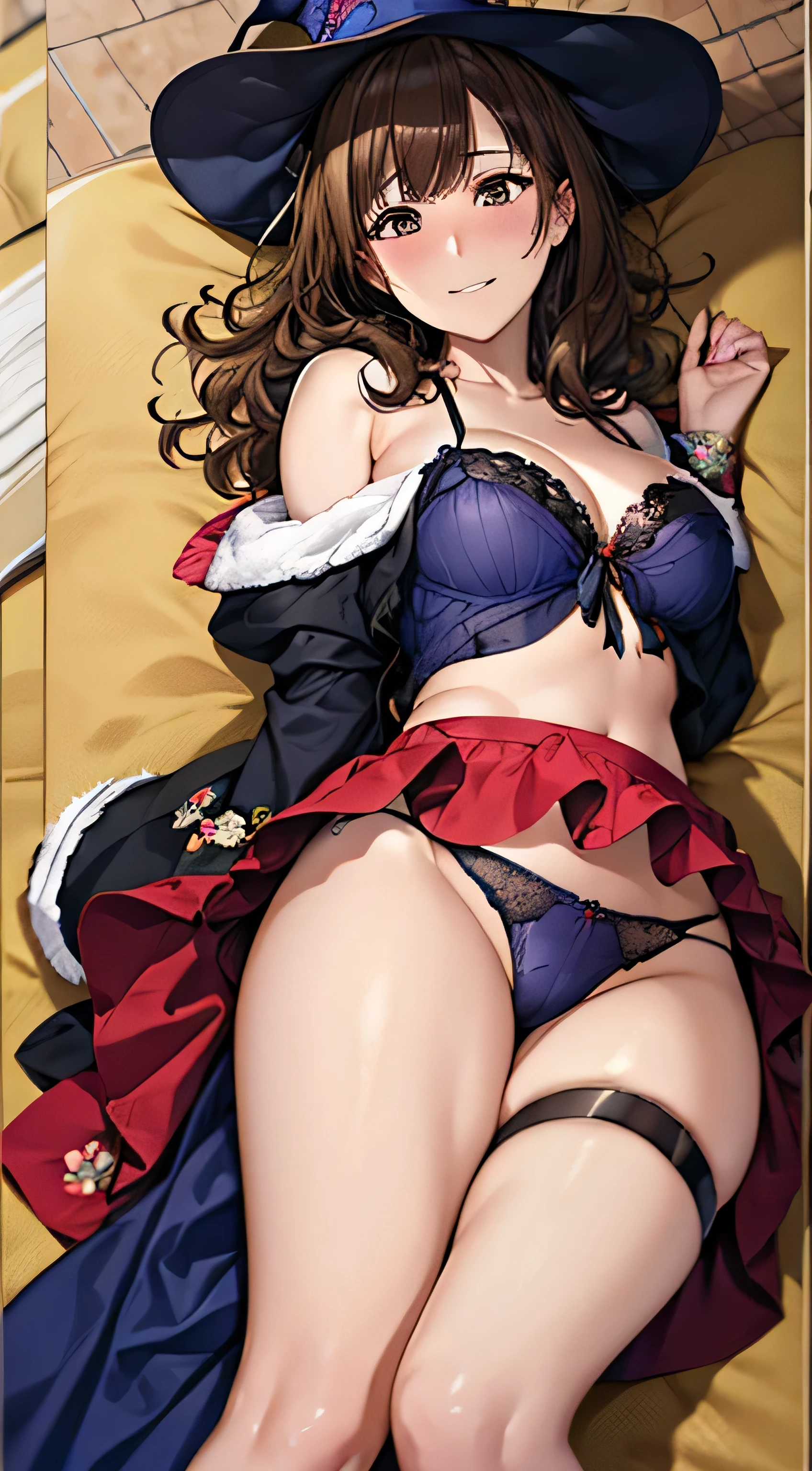 ((Tabletop, Highest quality, High resolution, , Pixel Perfect, 4K, ))), Beautiful woman,, alone, beauty、The whole body is visible、 (((Sexy Witch Cosplay), Long dark blonde wavy hair、Off-the-shoulder jacket,　Dark blue flared skirt、、Mid-wave hair, bangs, Brown Hair)), ((Brown eyes, Beautiful eyelashes, Realistic eyes)), ((Detailed face, Blushing:1.2)), ((Smooth texture:0.75, Realistic texture:0.65, Realistic:1.1, Anime CG Style)), Center of chest, Dynamic Angle, Perfect body, ((,)), 、、Very embarrassing panic smile, 、Beautiful coast、Sleeping on the beach、(The wind flipped up her skirt, Showing cleavage、、、、Show me your ass、pink floral lace panties、)、Angle from below