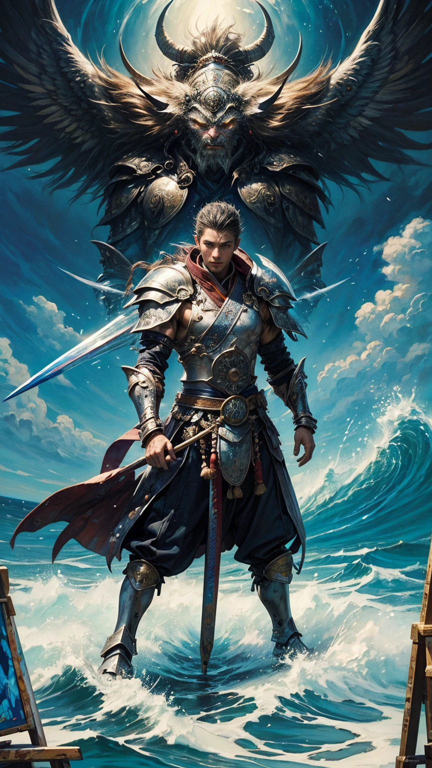 (Tabletop, Highest quality, (((((((male)))))))、Highest quality, (((((Warrior)))))、Official Art, (beautifully、beautiful:1.4), (Painting:1.4) ), (Warrior 1.5), god of Japanese mythology, Majestic Beauty, god of the Sea、god of Waves、Komono、((((Komono))))、Reincarnation Support, god'grace of, Calm and meditative expression, Flowing Armor, Shine、Brought peace and a bountiful harvest to all the oceans on earth, Soaring into the sea, Whispers of Ancient Lore、(((Are standing)))