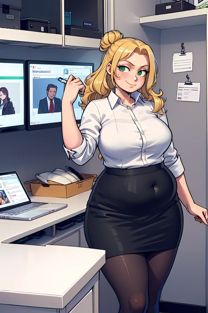 ((high aesthetic, art by BetterWithSalt)), 1girl, wavy blonde hair, hair in a bun, green eyes, black pencil skirt, dress shirt, (pantyhose), cute smile, (plump), [stuffed_belly], (cowboy shot), fancy office background with lots of windows, (best quality, masterpiece)
