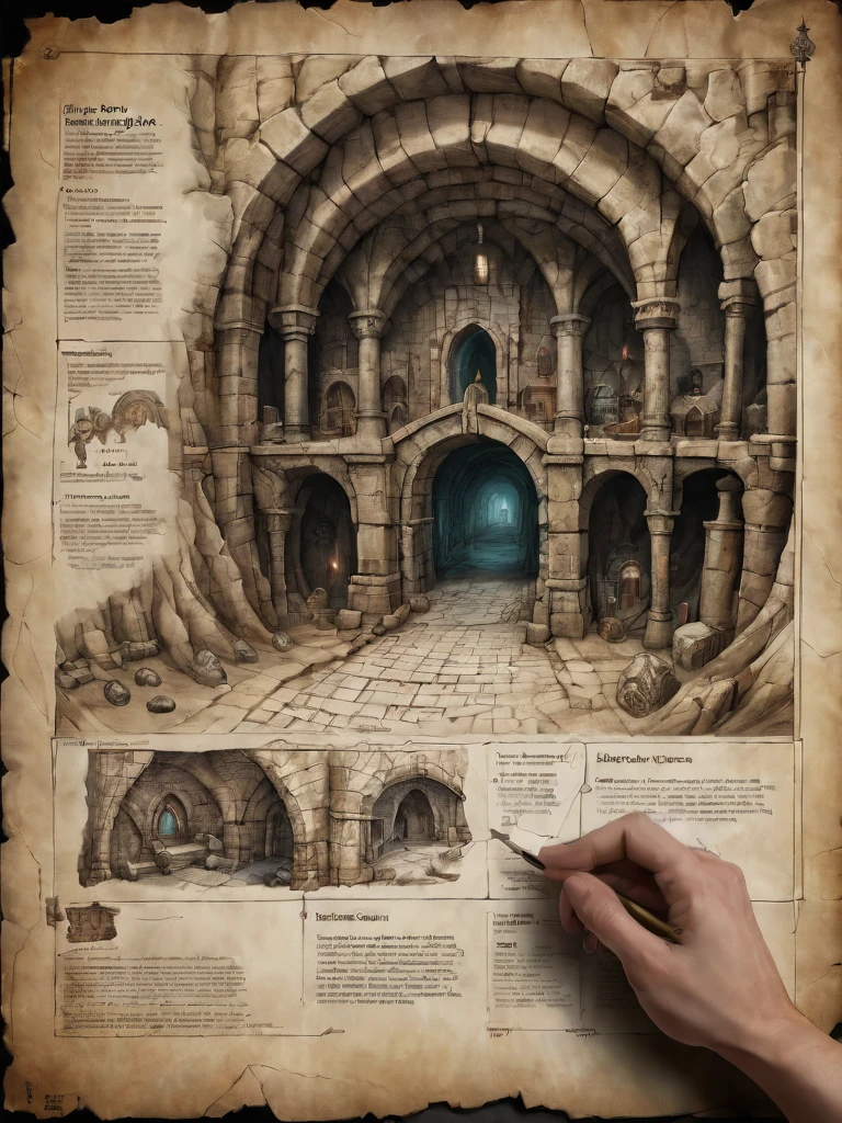 first person perspective looking at a diagram of a fantasy dungeon, traditional media, fantasy parchment, held, hands, anime screengrab, csu, cross-section, from the side, underground, burrow, fantasy landscape, national geographic, best quality, masterpiece,