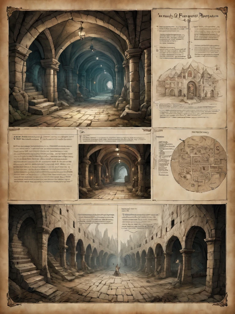 first person perspective looking at a diagram of a fantasy dungeon, traditional media, fantasy parchment, held, hands, anime screengrab, csu, cross-section, from the side, underground, burrow, fantasy landscape, national geographic, best quality, masterpiece,