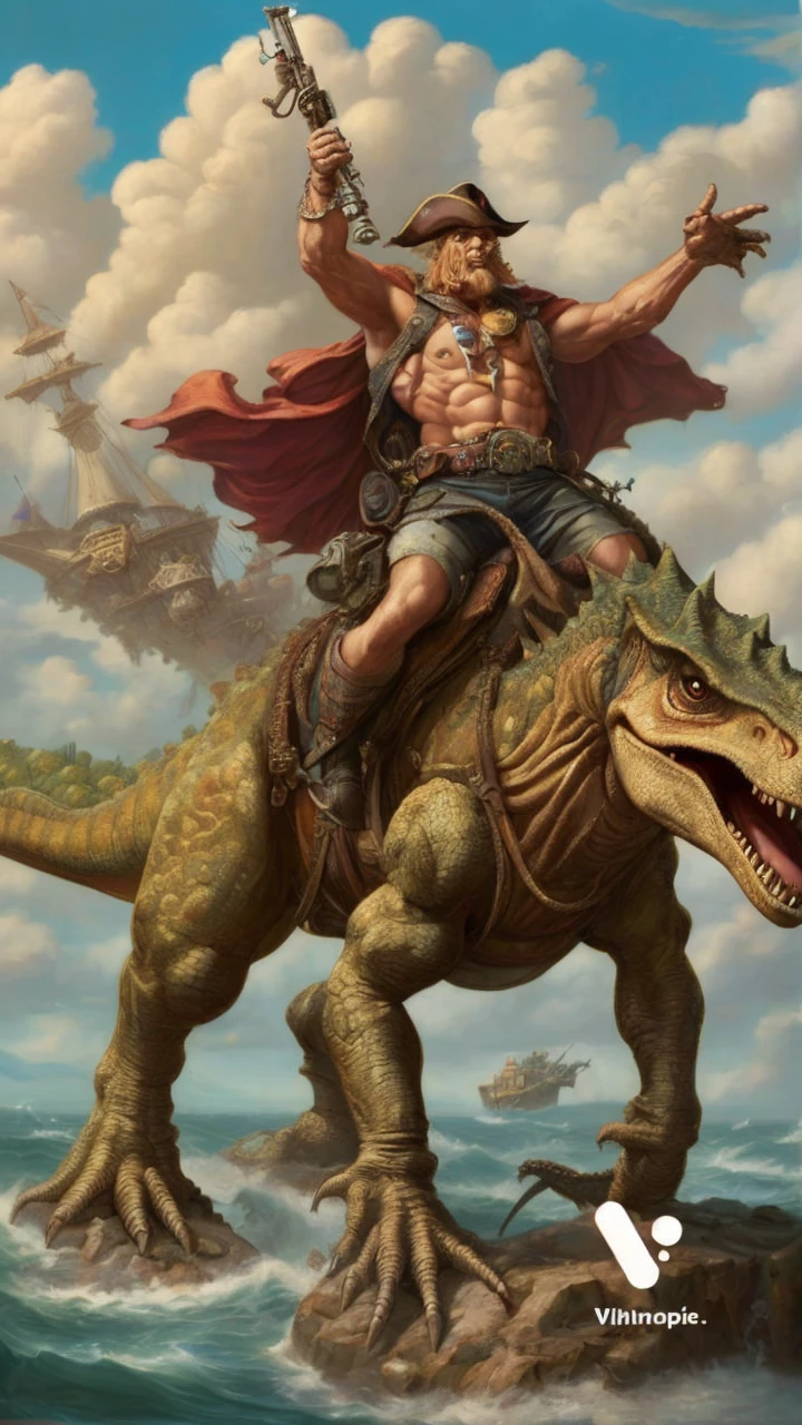 "trippy Renaissance style painting" in a "where's Waldo art style" of "bodybuilding pirates" with "machine guns" and "riding dinosaurs" "8k, fantasy surrealism, ultra detailed, superb masterpiece"