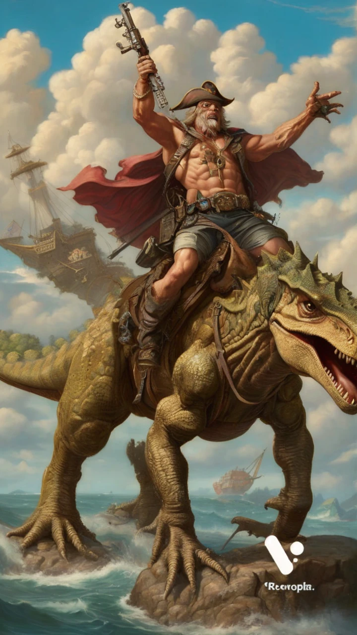 "trippy Renaissance style painting" in a "where's Waldo art style" of "bodybuilding pirates" with "machine guns" and "riding dinosaurs" "8k, fantasy surrealism, ultra detailed, superb masterpiece"