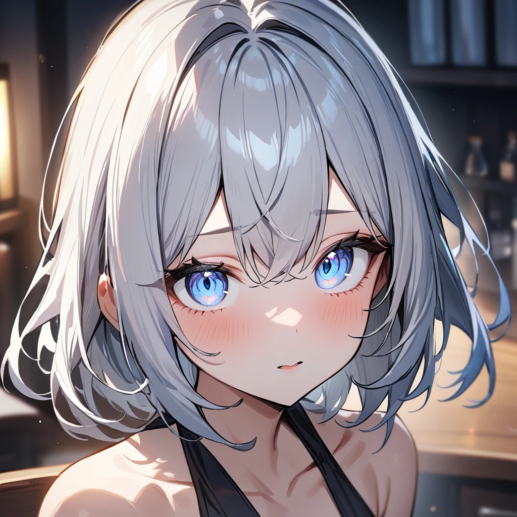 Yukino, in bed, silver hair and  blue eyes, short hair, black shirt and no bra, anime visual of a cute girl, screenshot from the anime film, & her expression is solemn, in the anime film, in an anime, anime visual of a young woman, she has a cute expressive face, still from anime, big breast, red cheek, lustful face, fair skin