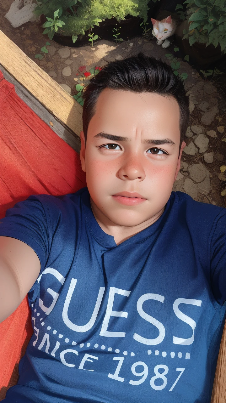 Realistic portrait of a seven-year-old boy, He wears a red shirt . His face is childish and exploratory . He goes out cautiously into the garden of the house, A small cat is among the bushes and he touches it cautiously ,Not facing the camera,, Hair is untidy ,