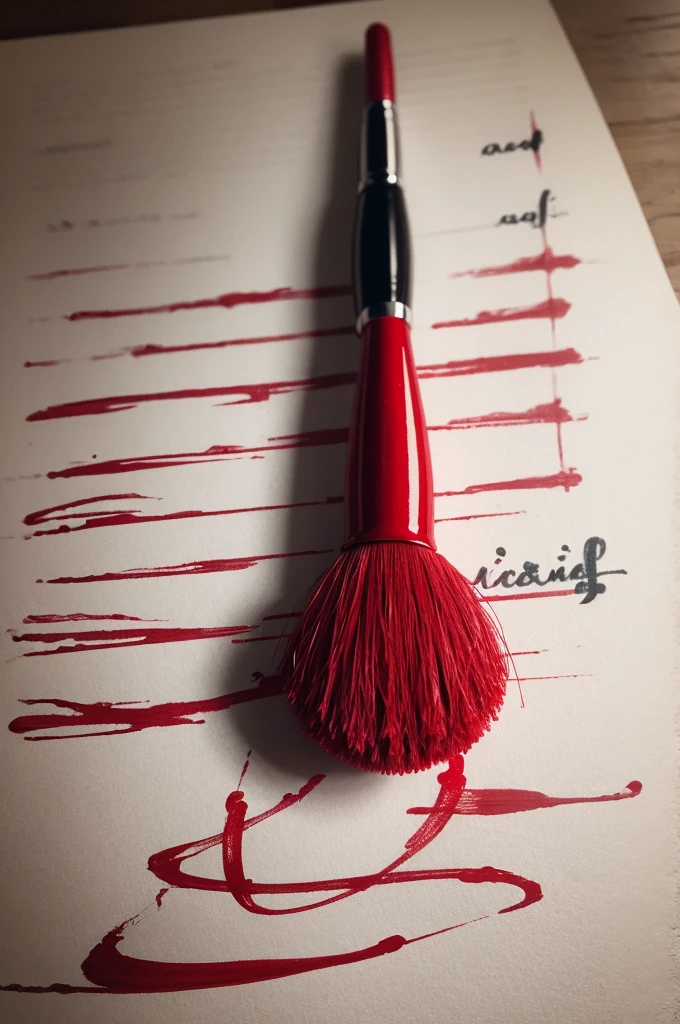 a red brush, with vein-like stripes, and a writing, live in ink