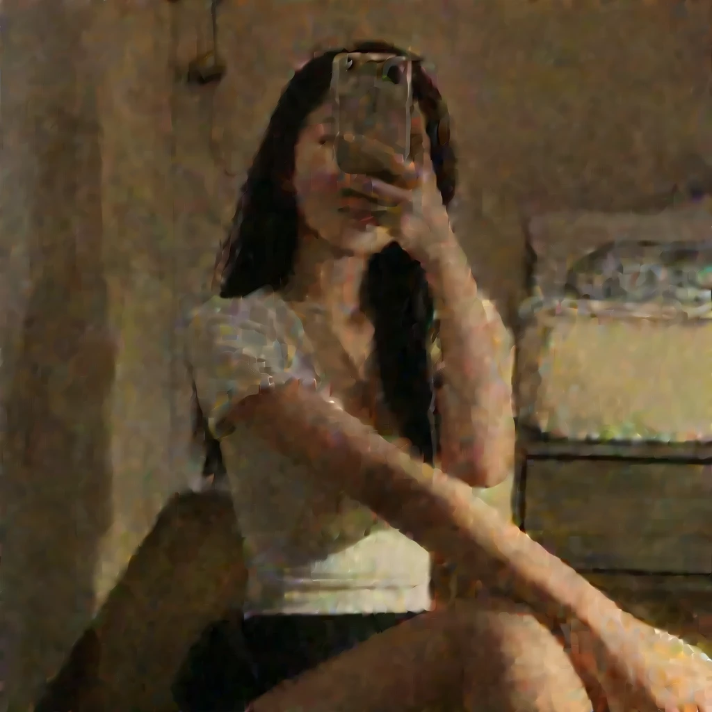 a sensual asian woman with messy long hair taking a selfie in the mirror, detailed face with beautiful eyes, nose and lips, intricate skin texture, indoor environment, best quality, photorealistic, masterpiece, ultra-detailed, studio lighting, world class theater
