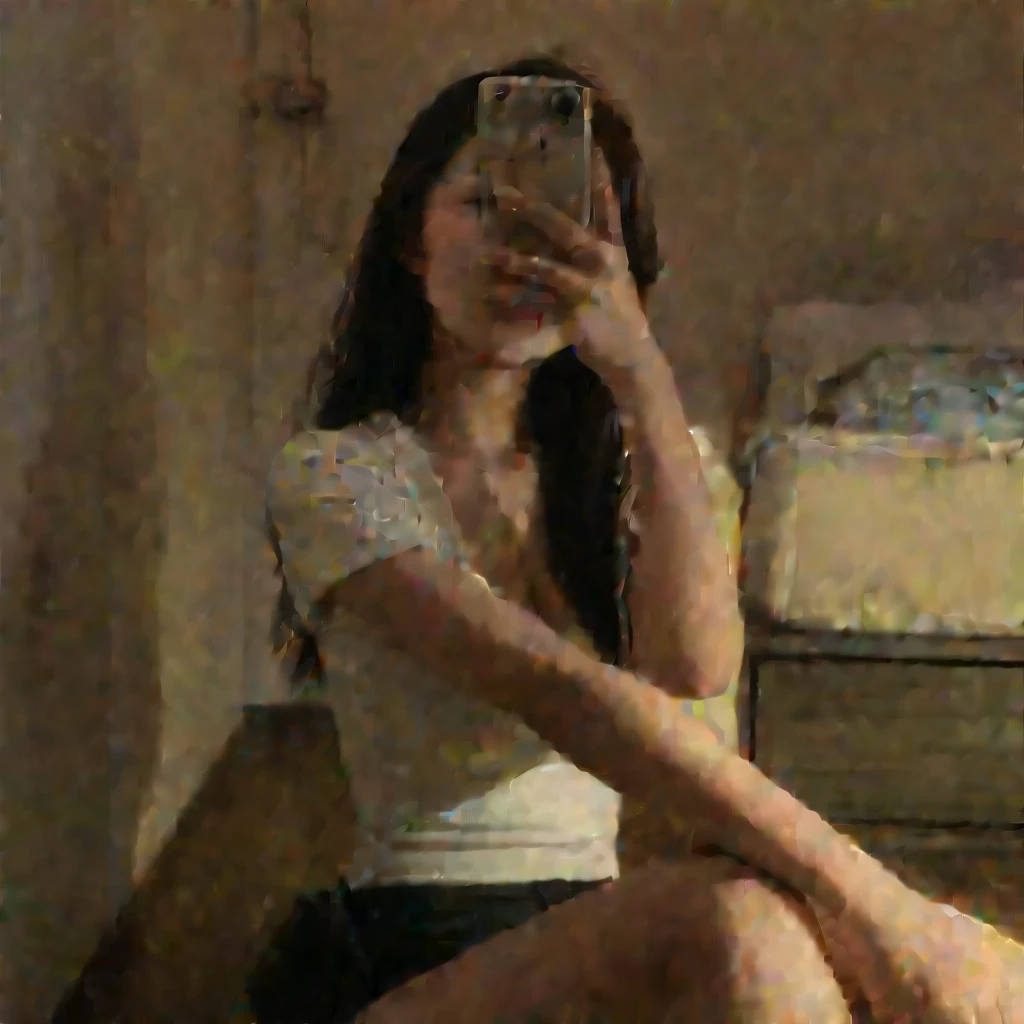 a sensual asian woman with messy long hair taking a selfie in the mirror, detailed face with beautiful eyes, nose and lips, intricate skin texture, indoor environment, best quality, photorealistic, masterpiece, ultra-detailed, studio lighting, world class theater