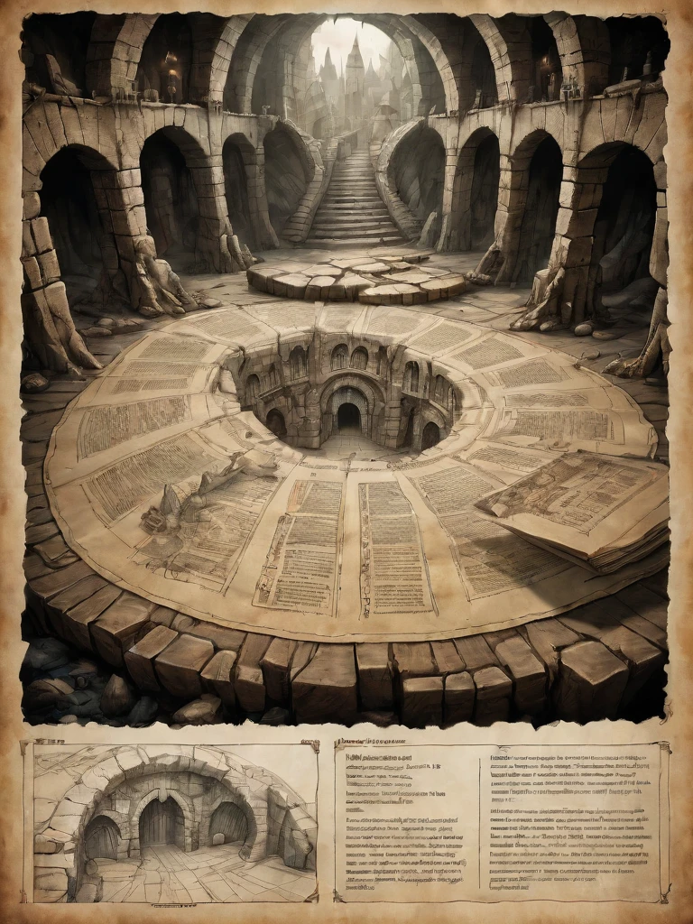 first person perspective looking at a diagram of a fantasy dungeon, traditional media, fantasy parchment, held, hands, anime screengrab, csu, cross-section, from the side, underground, burrow, fantasy landscape, national geographic, best quality, masterpiece,