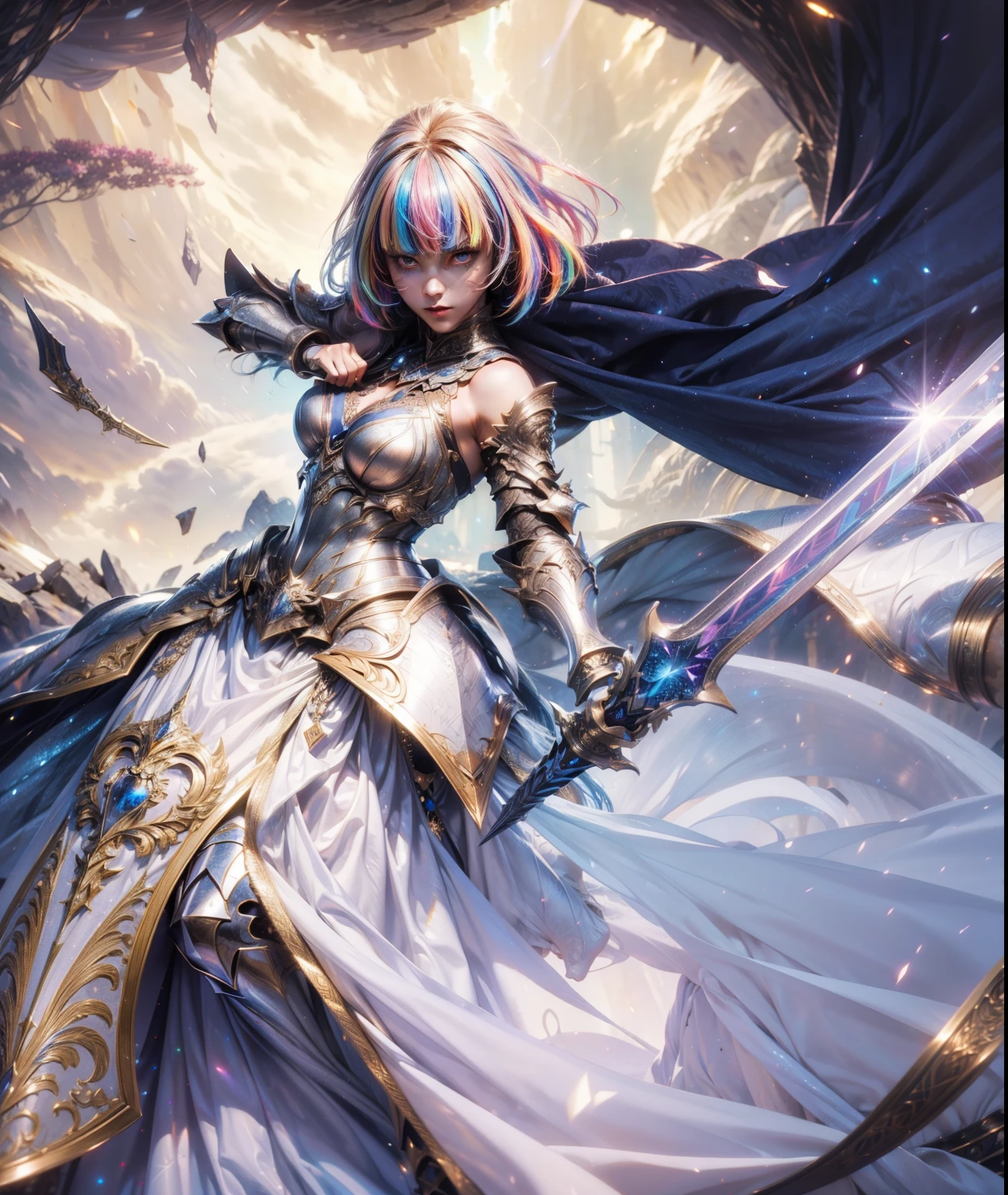 Bust ((from face to the waist)) Beauty girl in hyperrealistic detailed tight ornad elegant knight armor, detailed sharp galaxy glowing eyes, ((with glowing colorful fringe)), cinematic illumination 8k, (masterpiece), sharp focus, holding a great sword