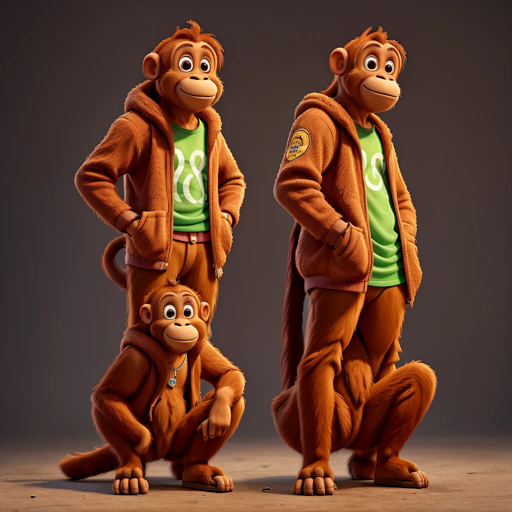 1 Orangutan, with urban clothing Fashions, crouched, with a bad face, Transparent background