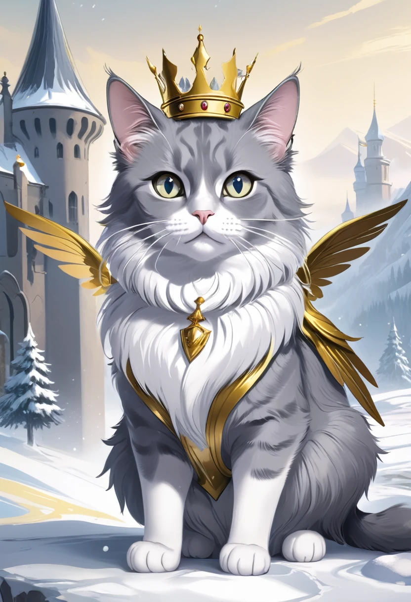 Gray cat with wings, gray eyes with a gold crown, big fur with a castle winter landscape 