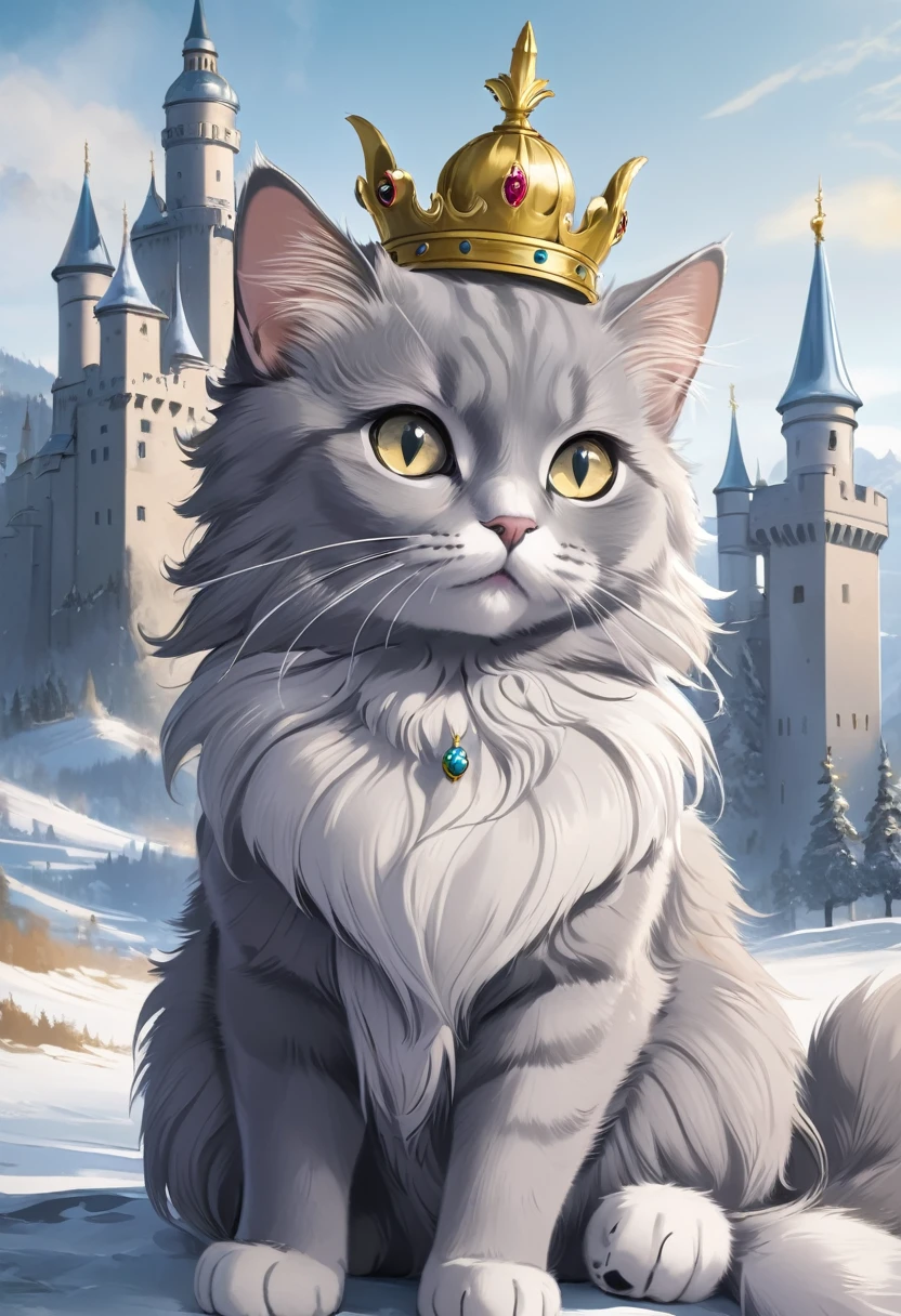 Gray cat with wings, gray eyes with a gold crown, big fur with a castle winter landscape 