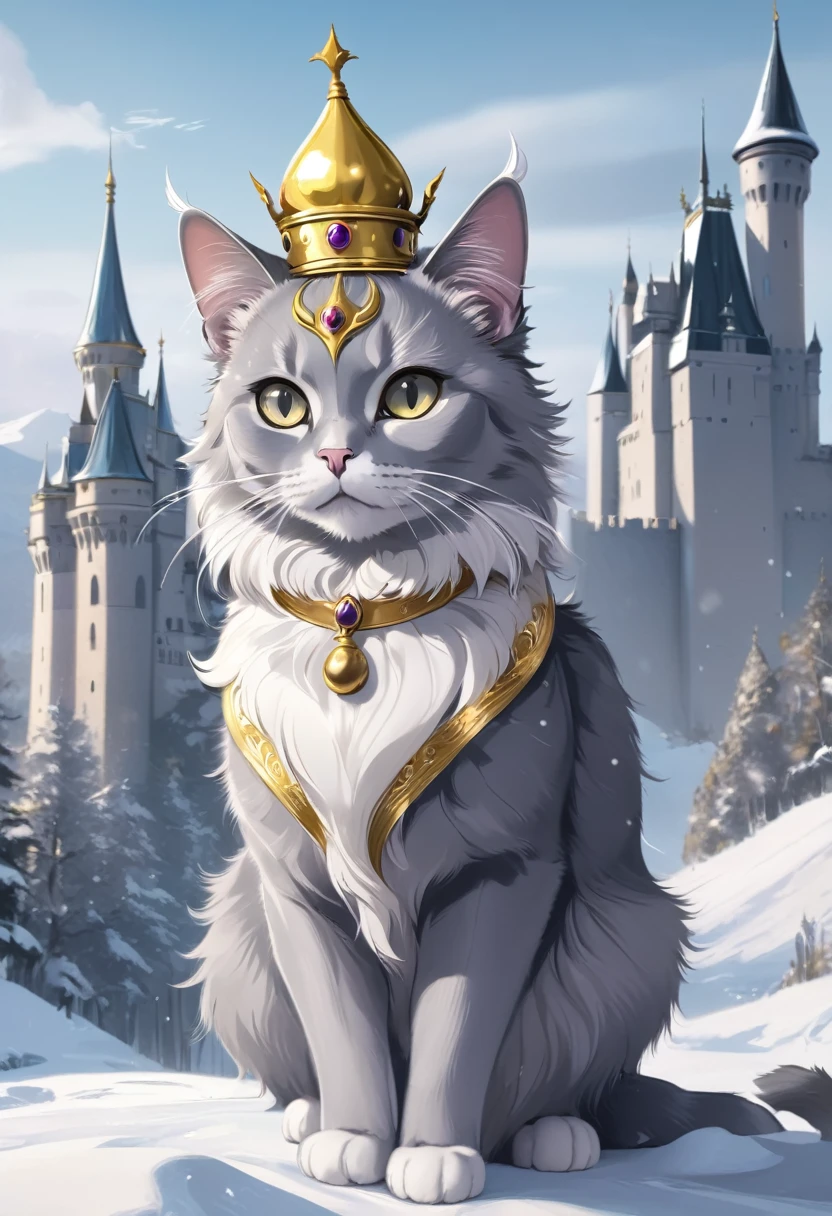 Gray cat with wings, gray eyes with a gold crown, big fur with a castle winter landscape 