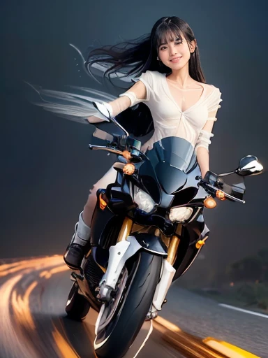 a lot of details, (underweight), 30 years old, detailed black hair, beautiful detailed hair, super  beautiful, delicate beautiful face, complex details beautiful and delicate eyes, perfect hands, (flat  best quality:1.5), perfect and delicate limbs, detailed skin, best quality, ultra-detailed,(cheerful grin:1.3),
(long exposure:1.5), full body shot, (Riding a motorcycle in a forward leaning position:1.3), speeding down a straight road, (dynamic angle:1.3)