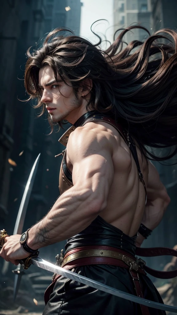 Male character with big hair and sword