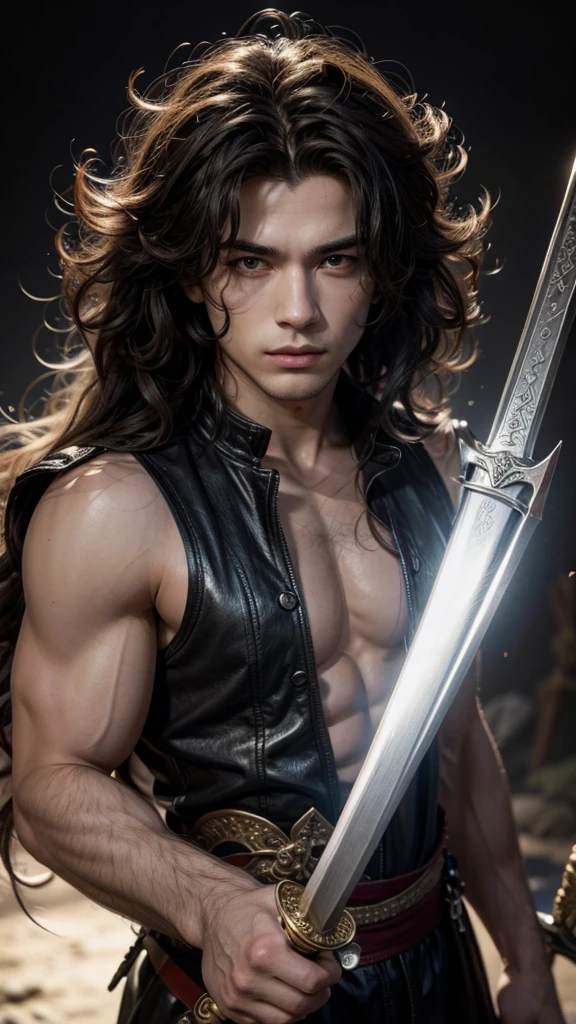 Male character with big hair and sword