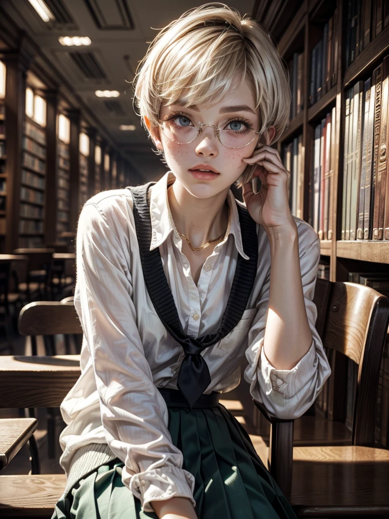 1girl, elegant bearing, small, slender build, short height, narrow shoulders, pale skin dotted by freckles, short platinum blonde hair, (((pixie cut hairstyle))), (((boyish hair))), (dark green eyes), silver glasses, cute facial features with an underlying elegance, thin lips, small breasts, youthful  girl, RAW photo, ((slim body: 1)), (HQ skin: 1.4), 8k uhd, soft light, high quality, ((school uniform, white clothes, gold accents, (looking at viewer:1.4), library
