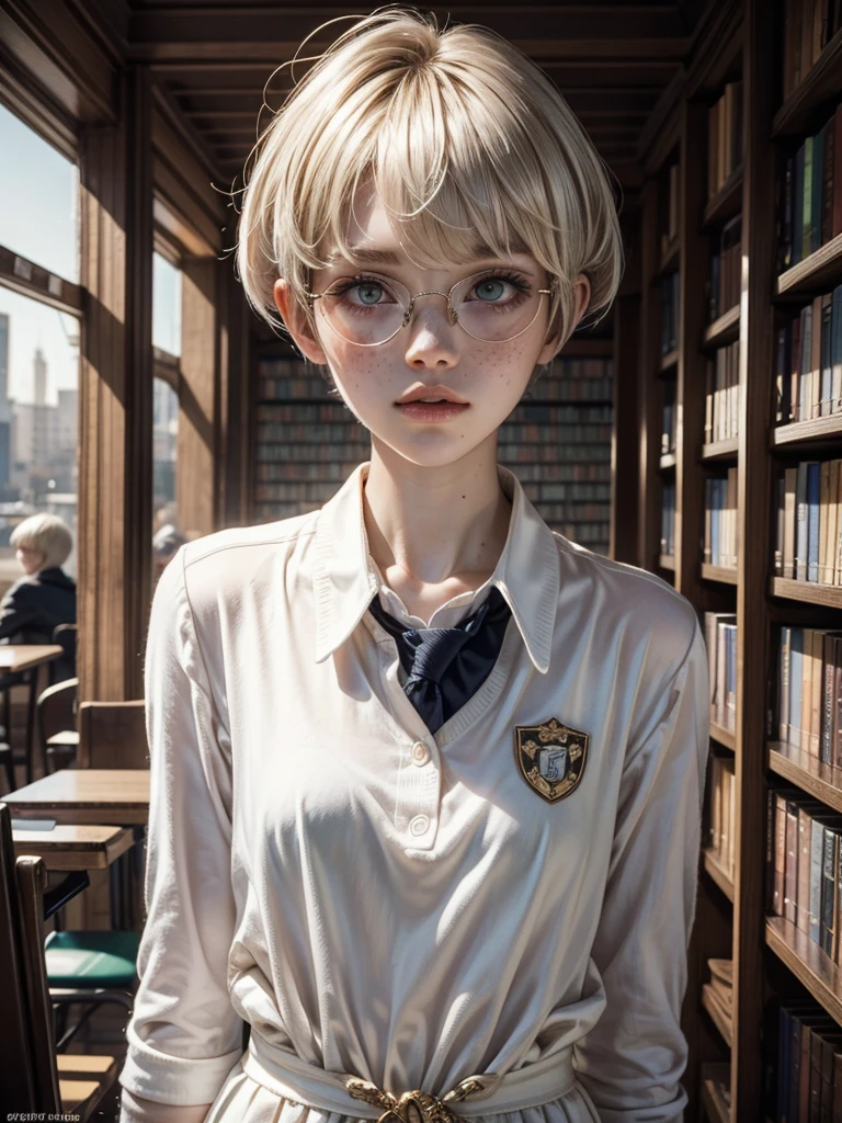 1girl, elegant bearing, small, slender build, short height, narrow shoulders, pale skin dotted by freckles, short platinum blonde hair, (((pixie cut hairstyle))), (((boyish hair))), (dark green eyes), silver glasses, cute facial features with an underlying elegance, thin lips, small breasts, youthful girl, RAW photo, ((slim body: 1)), (HQ skin: 1.4), 8k uhd, soft light, high quality, ((school uniform, white clothes, gold accents, (looking at viewer:1.4), library
