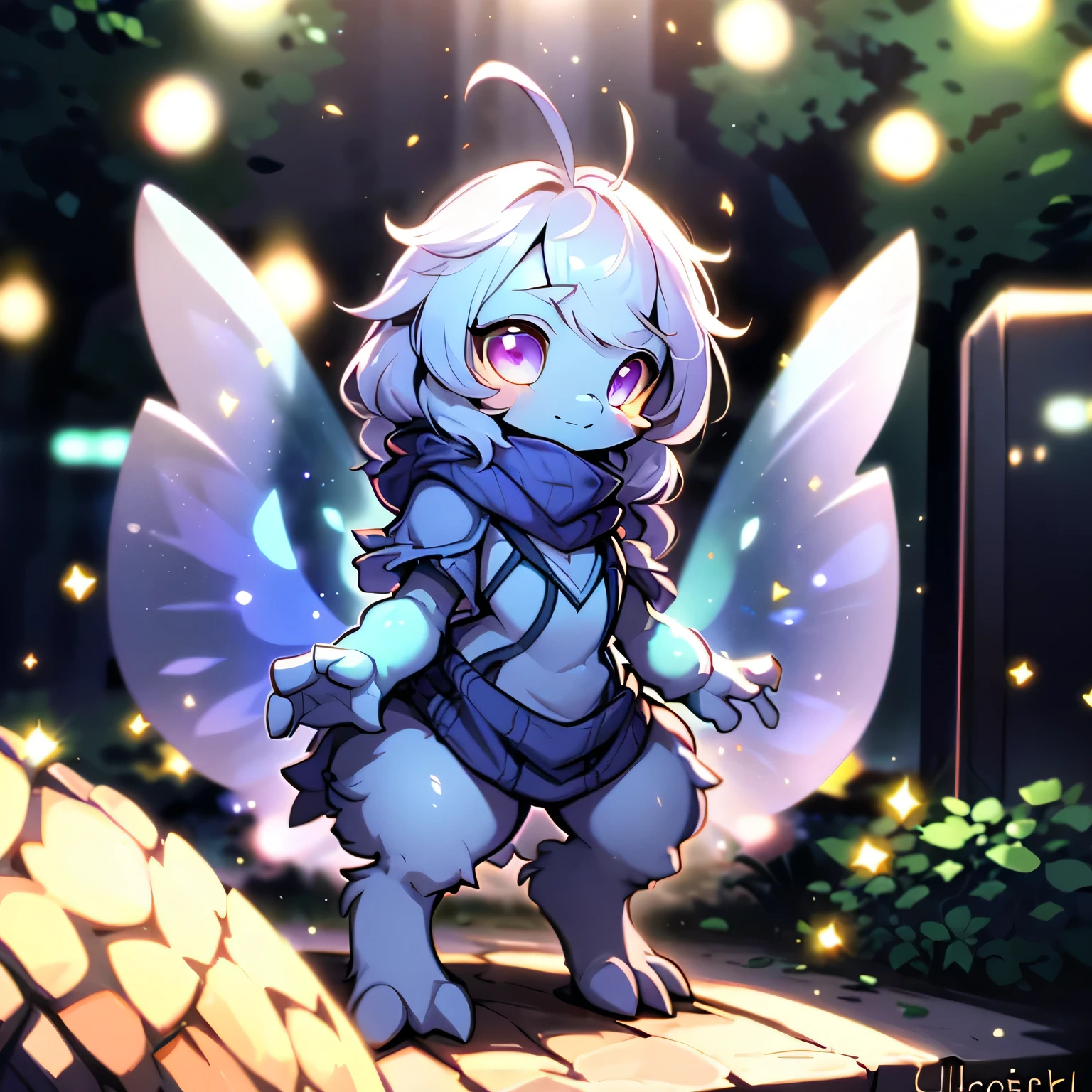 A little glow worm, large glowing goggles, glowing bug antenna, large fur scarf, four arms, short and stout, bug-like face, mandibles, chibi bug person, 1 character, ultra-detailed, 8k, highres, photorealistic, masterpiece, vibrant colors, cinematic lighting, concept art