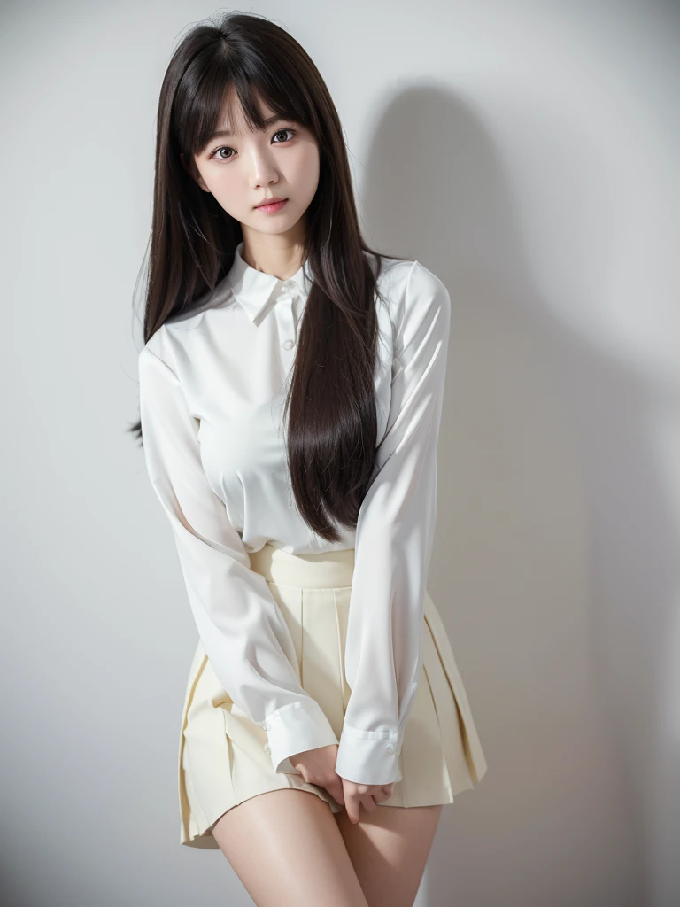 White Room、Black mid-length skirt、blouse、(Highest quality)、((Very detailed))、4K、(8K)、masterpiece、Very detailedな、Highest quality、Super Resolution、1 person、Kind Face、Soft Light、RAW quality、Soft Skin、163cm