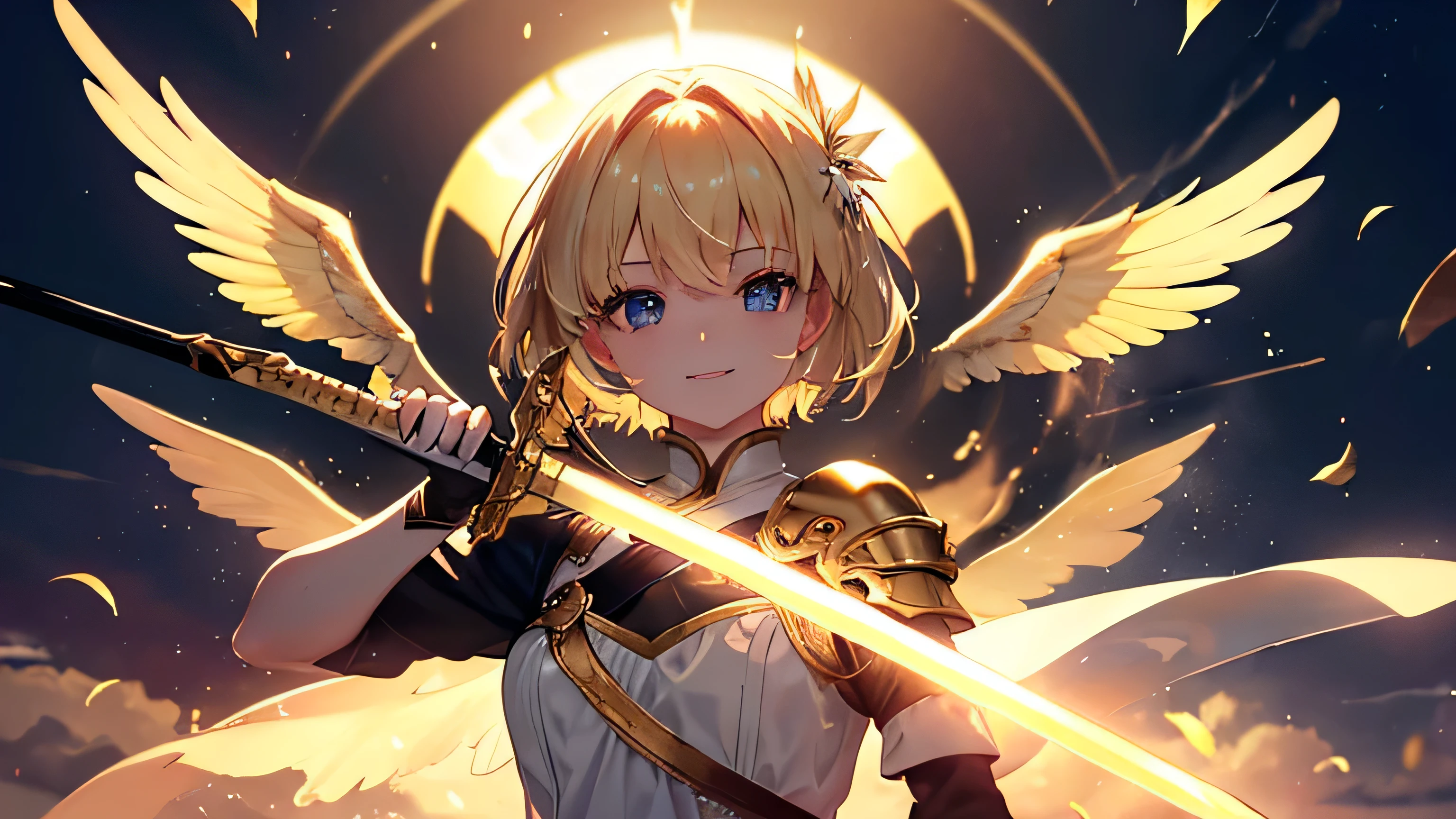{Masterpiece、Highest quality、8K resolution、Ultra fine、Sharp focus、Depth of written boundary、Cinematic Lighting、Realistic Shadows}、Angel girl holding a sword、Angel Wings、Golden flames around the sword、Blonde、short hair、looking at the camera、White angel clothes、Baby Face、Top left patch、smile