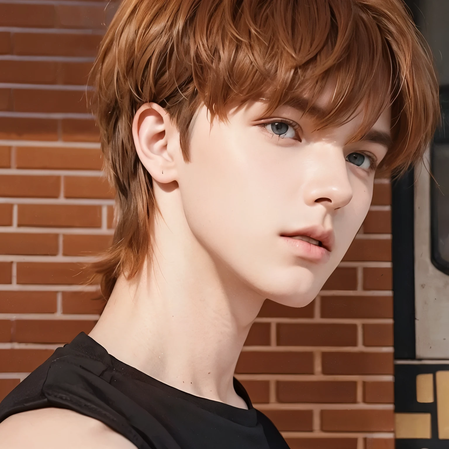 A  boy with orange hair, mullet hairstyle, handsome, cool, adapts clothes exactly to the realistic light of realistic shadows of realistic backgrounds of good image quality, very good image results, ultra realistic details 